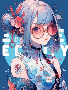 Girl With Blue Hair, Blue Hair, Flowers, Anime, Blue