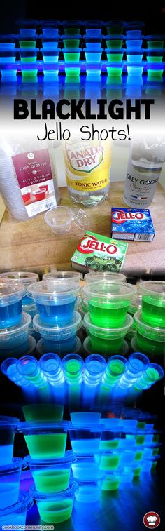 there are many different colored bowls on the table with text overlay that says blacklight jello shot