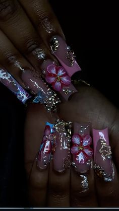 Acrylic Birthday Nails Ideas, Cute Square Acrylic Nails, Extra Baddie Nails, Exotic Birthday Nails, Birthday Nails Long, Aries Nails, Unique Acrylic Nail Designs, Exotic Nail Designs, Encapsulated Nails