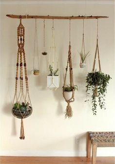 several hanging plants and planters on a wall in a room with a bench next to it