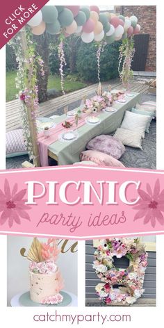 picnic party with pink flowers and balloons