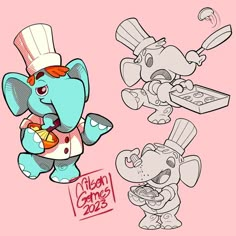 three cartoon elephants with hats and aprons, one in chef's hat and the other in an elephant costume