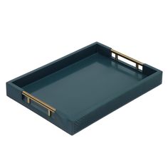 a blue tray with gold handles and two handles on the bottom, in front of a white background