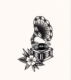 an old - fashioned record player and flower tattoo design