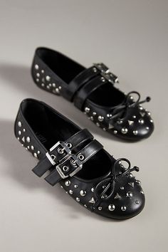 Leather upper Synthetic insole, sole Buckle styling Imported | Sarita Studded Flats by Schutz in Black, Women's, Size: 5, Leather at Anthropologie Stud Shoes, Studded Shoes, Studded Flats, Black Flats, Mood Board, Leather Upper, Anthropologie, Buckle, Black White