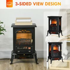 three sided view design stoves in various stages of being used to heat up the room