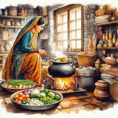 a painting of a woman cooking in a kitchen with pots and pans on the stove