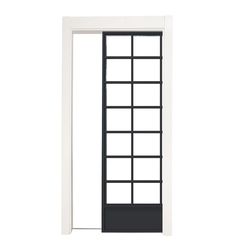 an open white door with black glass on the side and bottom panel, in front of a white background