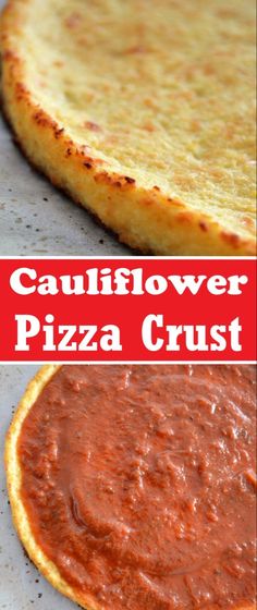 two pizza crusts sitting on top of a pan covered in red sauce and one with the word cauliflower pizza crust