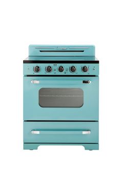 a blue stove top oven with two burners and one door on the front, against a white background