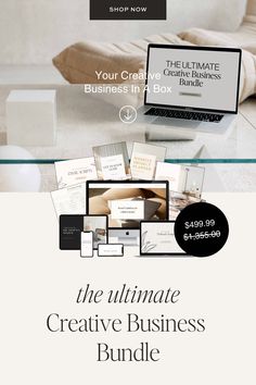 the ultimate creative business bundle is on display in front of a couch and coffee table