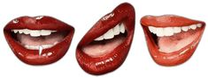 three images of red lips with white teeth and one has toothpick in it