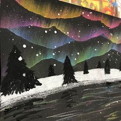 a painting of trees and mountains in the snow with an aurora bore above them on a wall