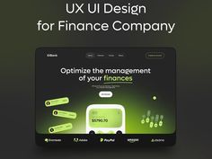 the ux ui design for finance company is displayed on a tablet screen with green and black background