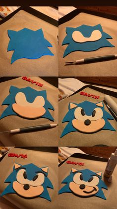 several pictures of sonic the hedgehog's face on a piece of paper with markers