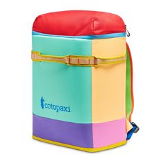 a multicolored backpack with the word ecopaxi written on it's side