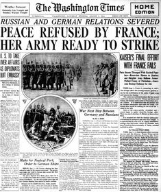 the front page of an old newspaper with pictures of men in uniforms and words that read peace refuse by france, her army ready to strike