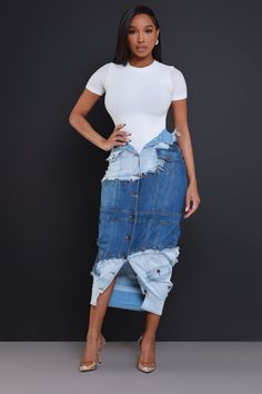 Best Online Women's Fashion Clothing Boutique Store - Swank A Posh Skirt On Top Of Jeans, Styling Long Jean Skirt, Distressed Denim Skirt Outfit, Denim Outfits For Women, Chic Denim Outfits, Bodycon Maxi Skirt, Denim Diy Clothes, Fashion Trend Inspiration, Patchwork Denim Skirt