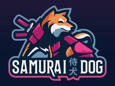 the logo for samurai dog is shown on a dark background with pink and blue colors