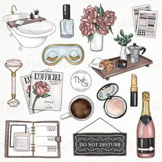 an illustration of various items that are on a table with wine, coffee and other things