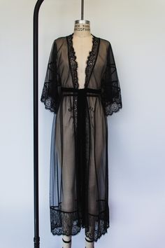 Black mesh robe Sheer Fitted Party Robe, Fitted Black Party Robe, Black Long Party Robe, Elegant Black Summer Robe, Black Open Front Robe For Loungewear, Black Long Evening Robe, Black Open Front Evening Kimono, Long Black Evening Robe, Black Long Kimono For Party