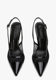 Step into contemporary allure with Geneva, our high-heeled black mesh sling-back. The pointed toe adds a touch of sophistication, while the mesh netting material provides a hint of modernity. Finished with patent leather detailing, these heels are a season staple. -Material: Mesh Netting/Patent Leather -Sole: Man-Made -Fit: True To Size -Toe-shape: Point -Features: Mesh Design -Heel: 10cm Formal Mesh Slingback Pumps With Pointed Toe, Evening Mesh Slingback Heels, Pointed Toe Mesh Heels With Reinforced Heel, Black Mesh Open Toe Heels, Black Mesh Pointed Toe Heels, Thigh High Boots Flat, Black Patent Heels, Mesh Heels, Leather Detailing