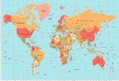 a map of the world with all countries and their major cities on it's borders