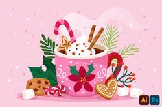 a pink mug filled with hot chocolate and marshmallows next to christmas decorations