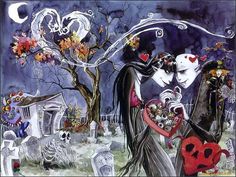 a painting of two people dressed up as skeletons kissing in front of a graveyard with tombstones and spooky trees