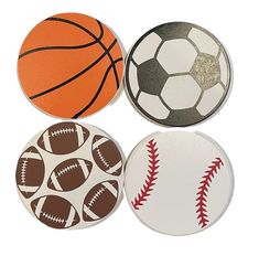 four coasters with sports balls on them