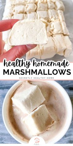 homemade marshmallows in a white bowl with text overlay that reads healthy homemade marshmallows