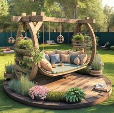 a wooden swing bed in the middle of a yard with flowers and plants on it