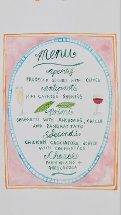 the menu for a wine tasting is shown in watercolor and pen and ink on paper