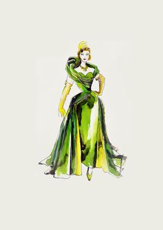 a drawing of a woman in a green and yellow dress with her hands on her hips