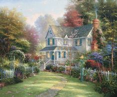 a painting of a white house surrounded by flowers