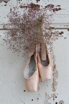 a pair of ballet shoes hanging from the side of a wall with flowers in them