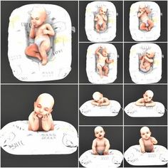 multiple images of a baby in diapers with different expressions on it's face