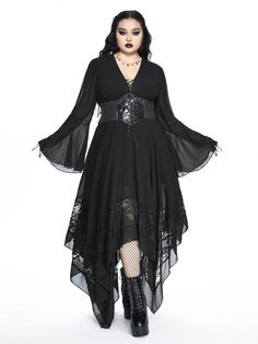 Dark Gothic Deep V-Neck Flare Sleeve Asymmetrical Hem Contrast Lace Cinched Waist Dress For Plus Size Black Elegant  Long Sleeve Chiffon Colorblock,Plain A Line Non-Stretch  Women Plus Clothing, size features are:Bust: ,Length: ,Sleeve Length: Gothic Dress Plus Size, Plus Size Whimsigoth Fashion, Plus Size Goth Dress, Gothic Sundress, Black Vampire Dress, Plus Size Witch Costume, Midsize Goth, Winged Sleeves, Goth Plus Size