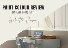 a white desk with blue chairs in front of it and the words paint color review below