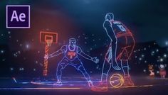 two people are playing basketball in an animated scene with the text ae above them that reads,