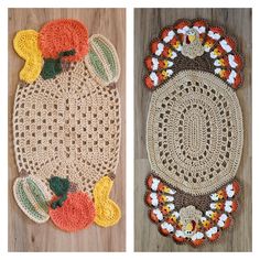 crocheted placemats with pumpkins and apples on them are shown next to each other