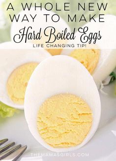 an egg shell with the words how to make hard boiled eggs life changing tips on it