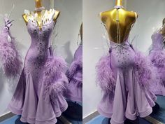 two pictures of a purple dress with feathers on it