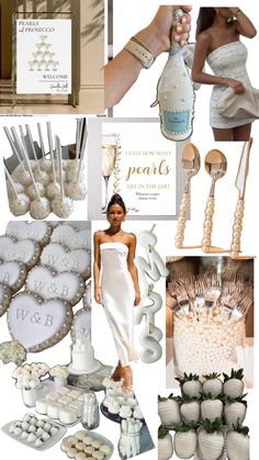 a collage of white and gold items including champagne, cookies, cake pops, desserts