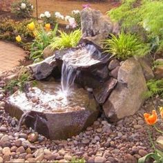 a garden with rocks, flowers and a water feature in the center is surrounded by greenery