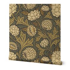 an image of a wallpaper with flowers and leaves in gold, green, brown and black