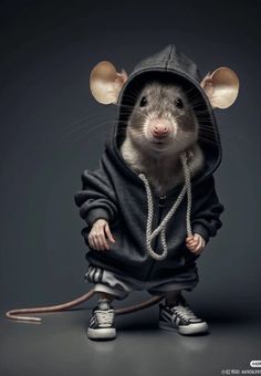 a rat wearing a hoodie and sneakers is standing in front of a black background