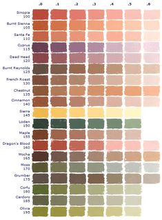 a color chart with different shades of brown, orange and green on the bottom half