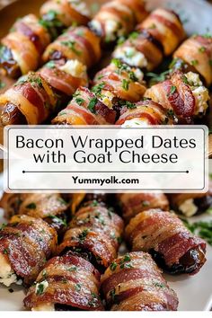 bacon wrapped dates with goat cheese on a white platter and text overlay reads bacon wrapped dates with goat cheese