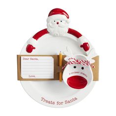 a plate with santa clause on it and a note attached to the plate that says treats for santa